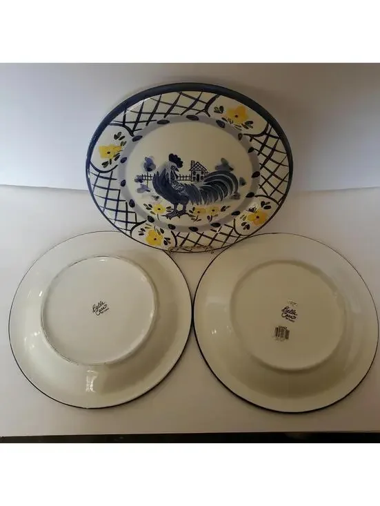 Rooster Dinner Plates Blue White Yellow Flower Spring 10 1/4" Bella Casa By Ganz - Picture 5 of 10